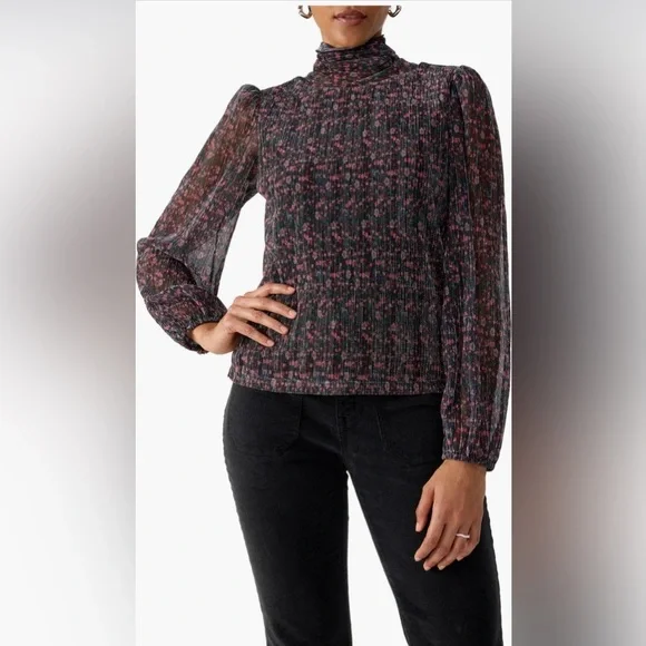 NWOT Sanctuary Night Dream Metallic Black Floral High-Neck Turtleneck Top - Picture 2 of 14